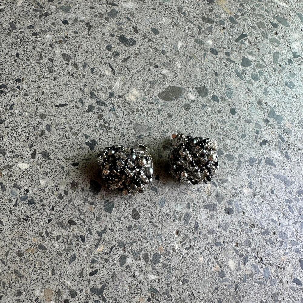 Women’s Clip-On Earrings Black Silver Beaded Cluster Mid-Century Vintage
